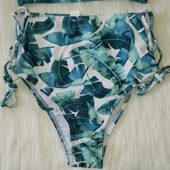 Tropical Leaf Lace Up High Waist Bikini Set - Picture 6 of 8
